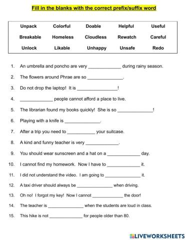 Affixes Fill in the Blanks