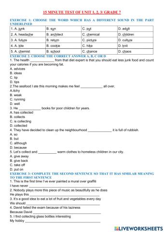 15 minute test of unit 1, 2, 3- grade 7
