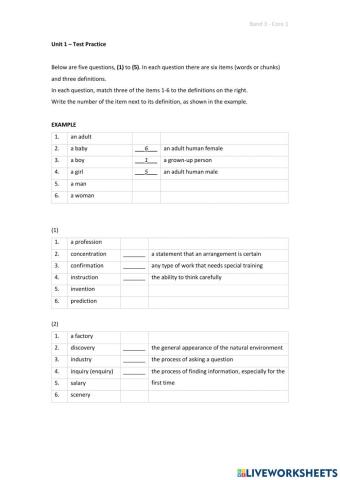 Band 3 (Core 1) - Unit 1 - Test
