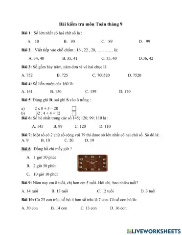 Bài kiểm tra môn Toán tuần 3