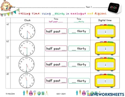Telling Time: Half past - and -thirty in digital clock