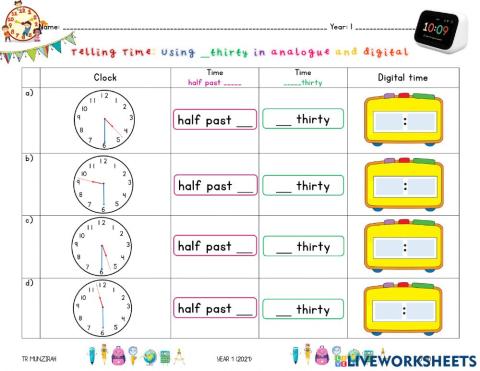 Telling Time: Half past - and -thirty in digital clock