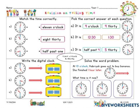 Revision on Telling Time (o'clock and half past--thirty)