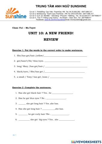 Fa1- Ms.Tuyet - U10 Grammar Review