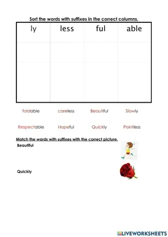 Suffixes ly, less, ful, able