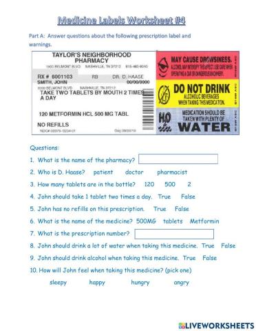 Medicine Labels Worksheet 4