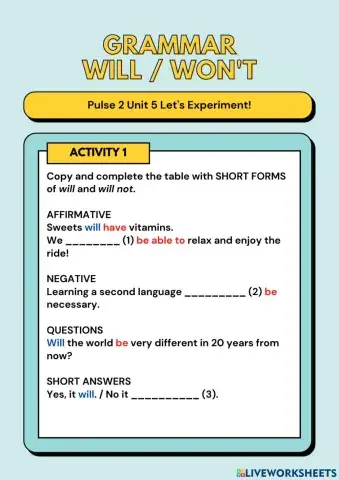 Pulse 2 Unit 5 Grammar Will - Won't