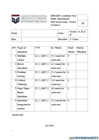 Grade 1 Math Mid Term Exam