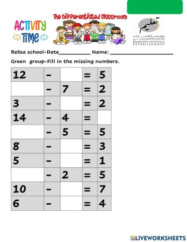 Math-subtraction with missing numbers