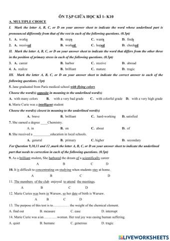 Ôn tâp giữa học kì 1 khối 10