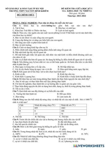 Đề chính thức thi giữa kì 1 khtn6