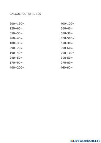 Calcolo mentale oltre il 100