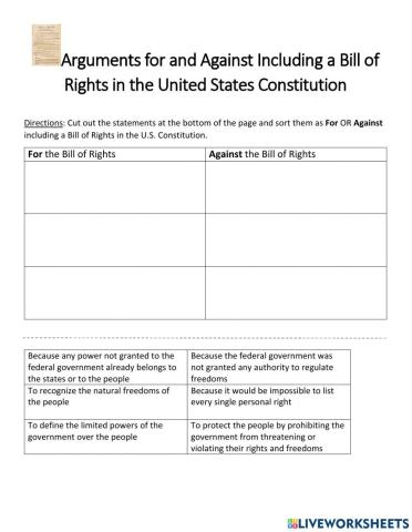 Sort For or Against a Bill of Rights Worksheet