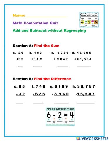 Add and Subtract without regrouping