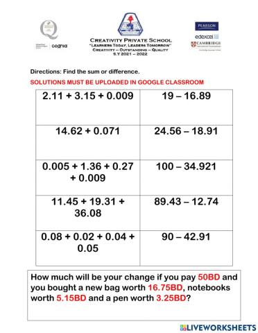 Addition and Subtraction of Decimals