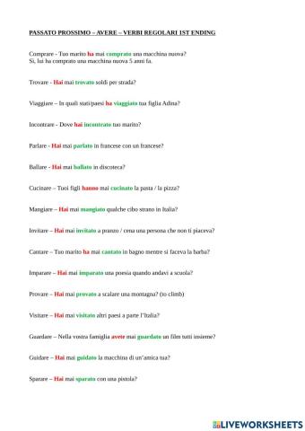 Passato prossimo con avere verbi regolari -are-