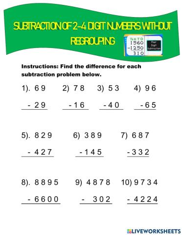 2-4 Digit Subtraction Without Regrouping