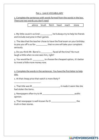 Pet 1 Unit 6 Vocabulary