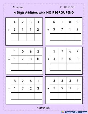 4 Digit Addition (Without Regrouping)