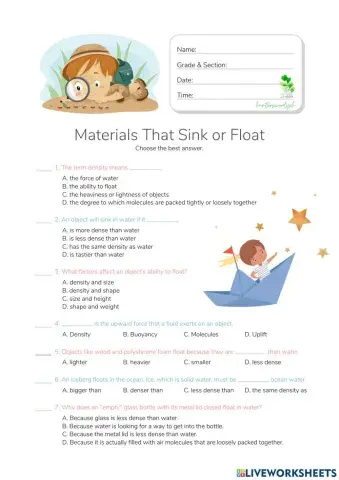 Materials That Sink or Float - Density and Buoyancy -  HuntersWoodsPH.com Worksheet