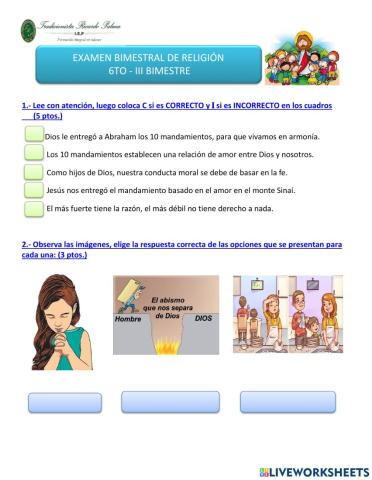 Examen III Bimestre de Religión 6to
