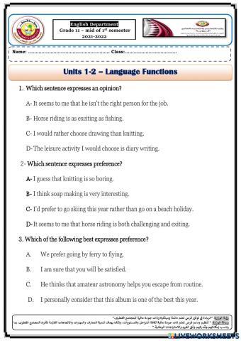 Grade 11- Enrichment worksheet-Vocabulary