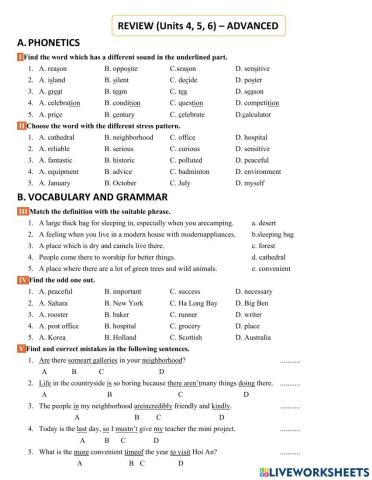 Test - class 6 - Review 4 (Unit 4, 5, 6 - Advanced)