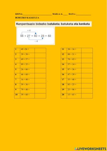 Konpentsazio bidezko batuketa:batuketa eta kenketa
