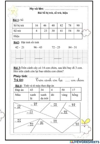 Số bị trừ - Số trừ - Hiệu
