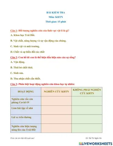 Kiểm tra 15 phút - kì 1 - KHTN6