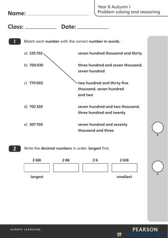 Y6 Autumn1 Problem solving and reasoning
