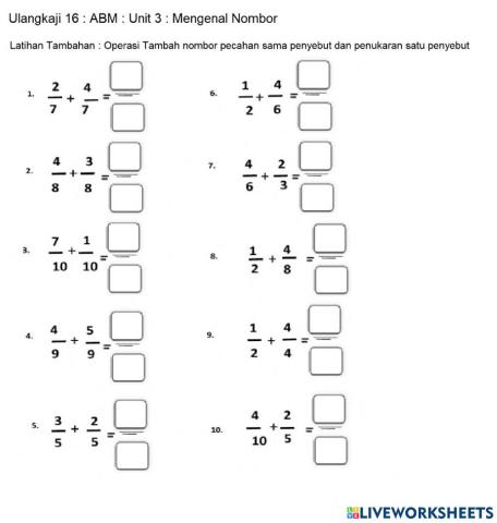 Operasi Tambah Nombor Pecahan