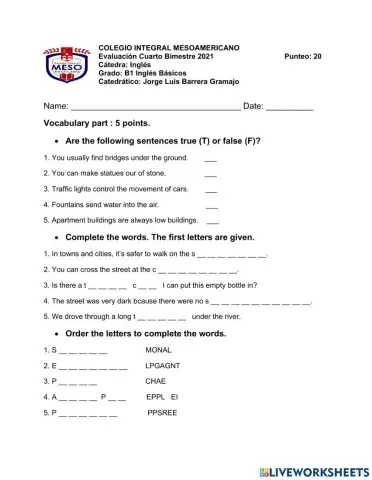 Examen B1 Inglés Cuarto bimestre