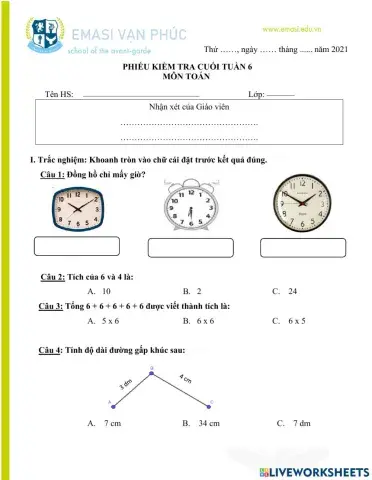 Phiếu kiểm tra cuối tuần 6 - TOÁN