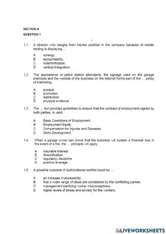 Business studies exam section a