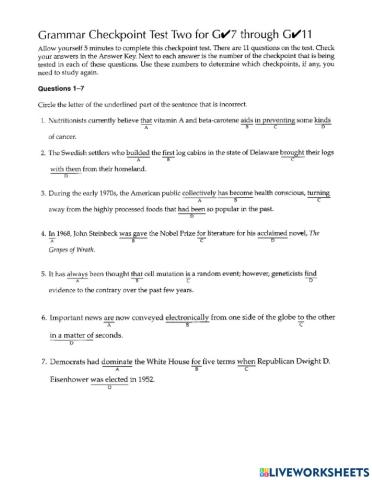 Grammar checkpoint test one forG7 through 11