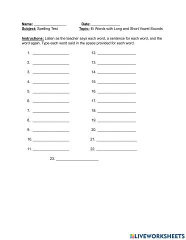 Ei Words with Long and Short Vowel Sounds