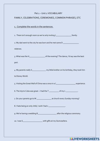 Pet 1 Unit 2 Vocabulary