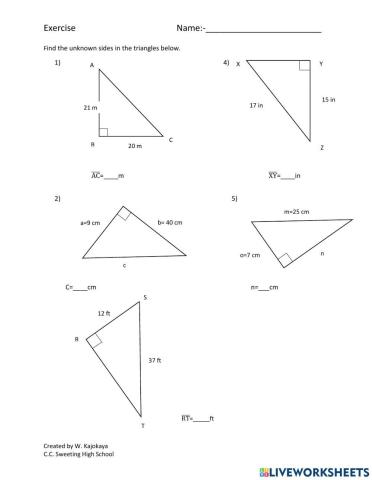 Finding unknown sides in triangles using the Pythagoras theorem