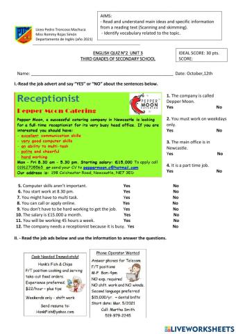English quiz N2 (3° grade)