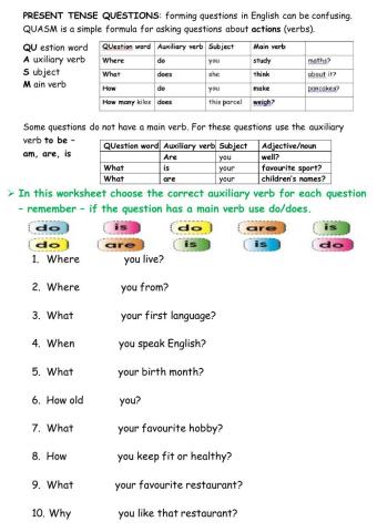 Auxiliary Verbs (do is are) in Present Simple Questions