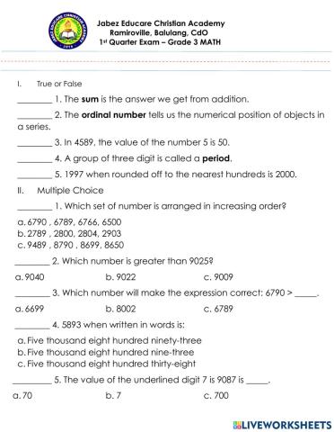 Grade 3 - 1st Quarter Exam Math