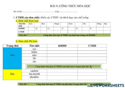 Bài 9: Công thức hóa học