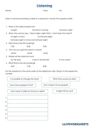 Listening - Booking for a table