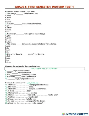 Grade 6-first semester-midterm test 1