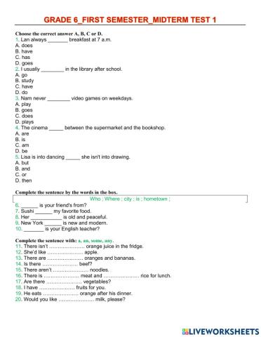 Grade 6-first semester-midterm test 1