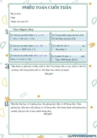 Phiếu Toán cuối tuần