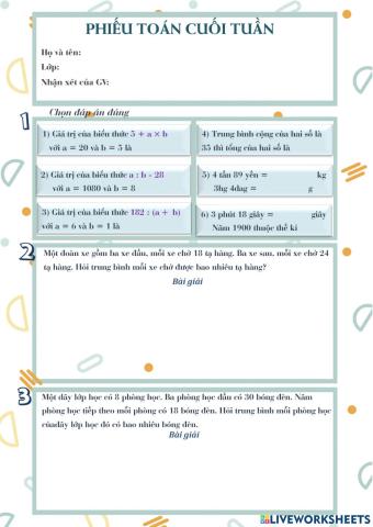 Phiếu Toán cuối tuần