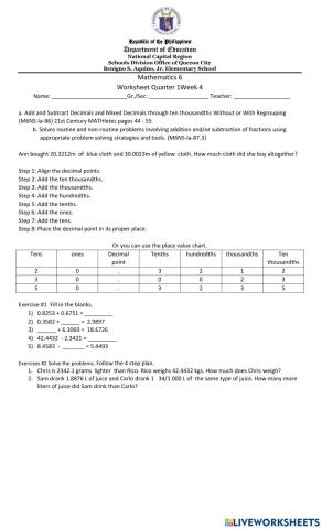 Addition and subtraction of Decimals