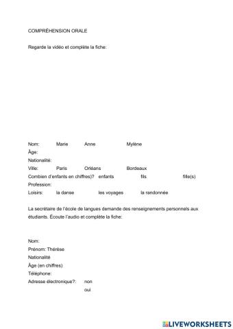 Compréhension orale: remplir une fiche